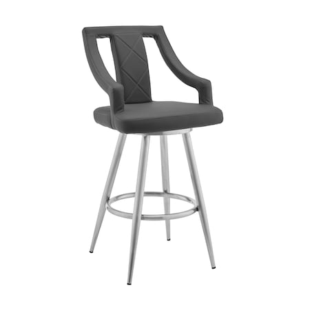 Armen Living Maxen 26" Gray Faux Leather and Brushed Stainless Steel Swivel Bar Stool LCMXBABSGR26